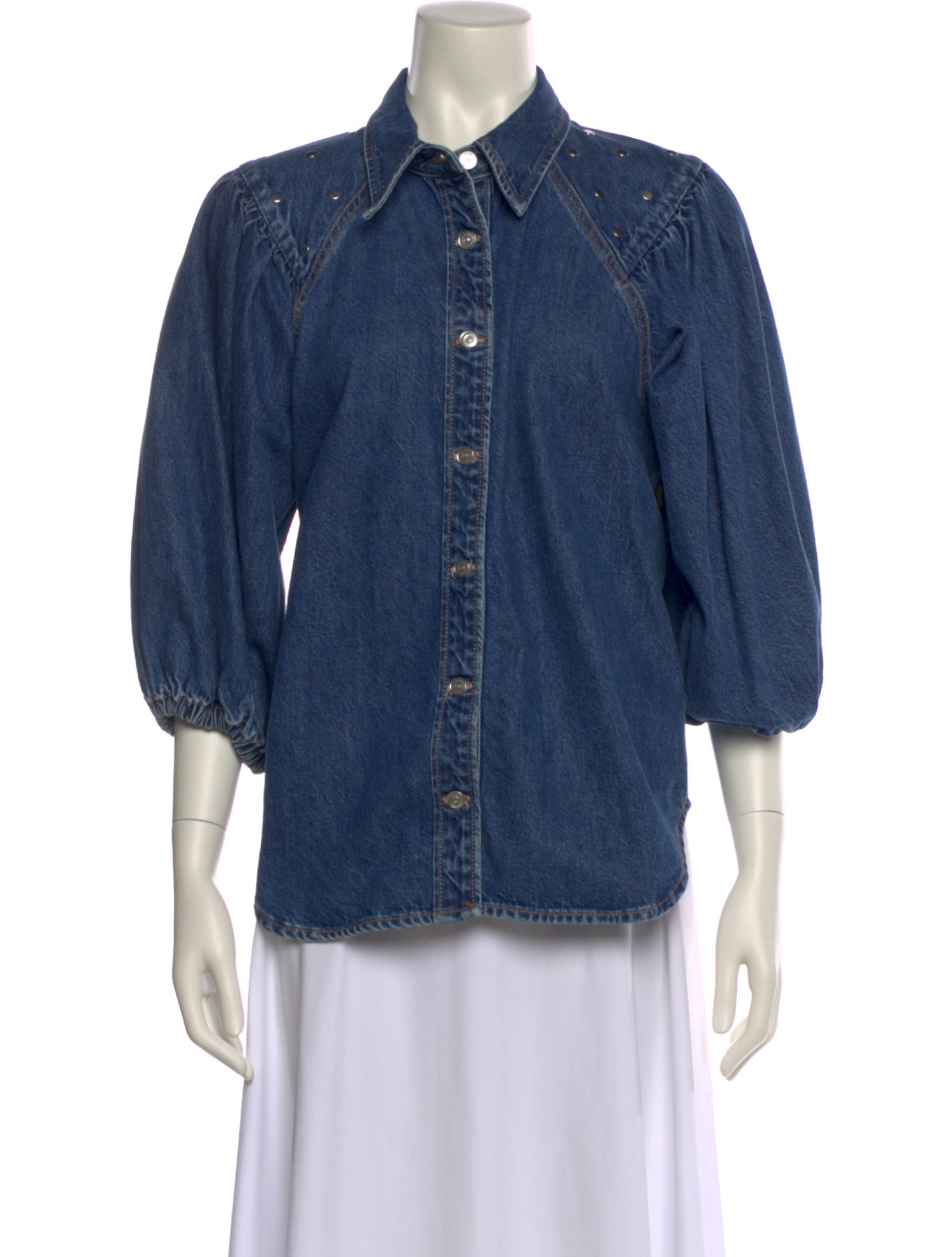 Ganni Three-Quarter Sleeve Button-Up Top