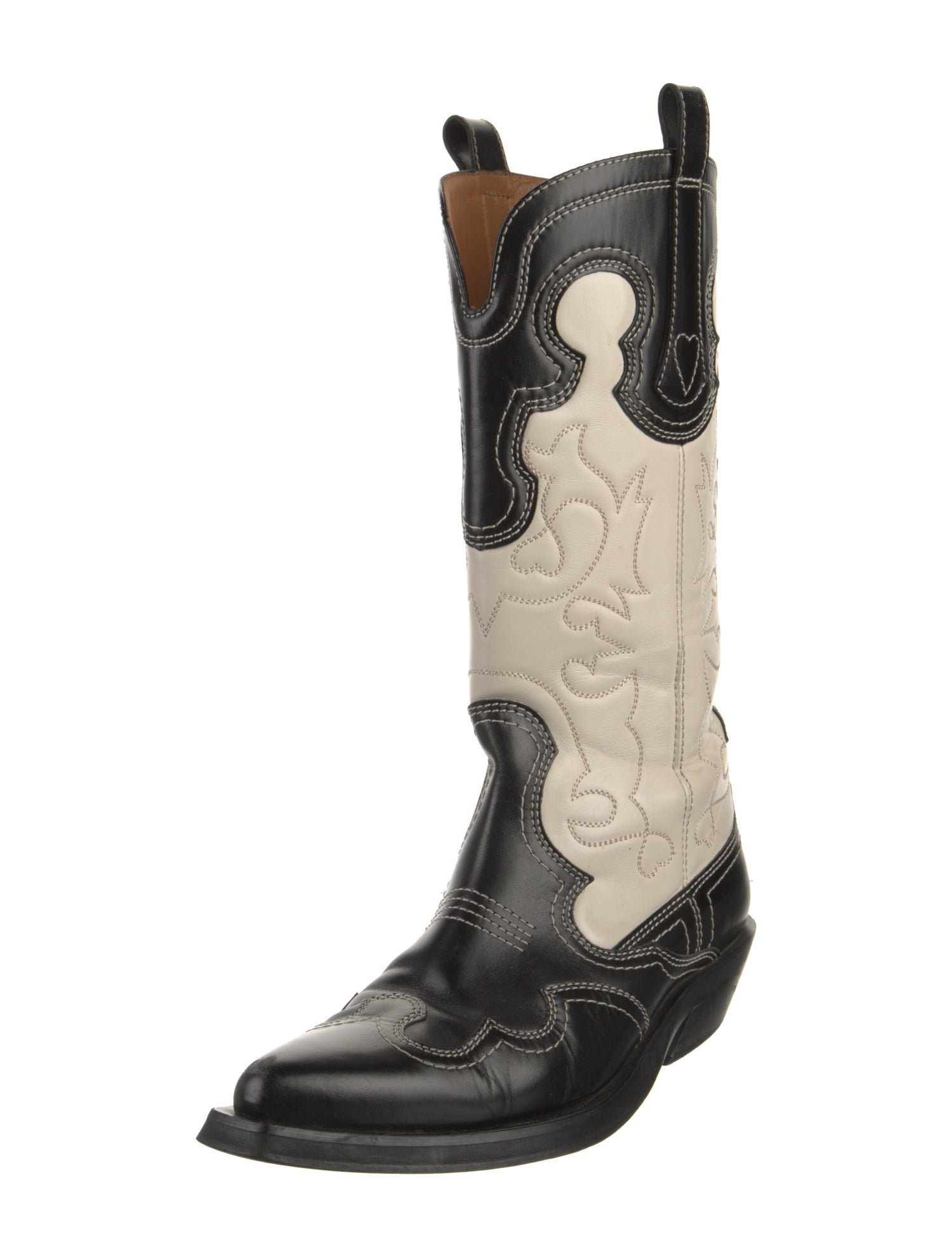 Ganni Leather Colorblock Pattern Western Boots