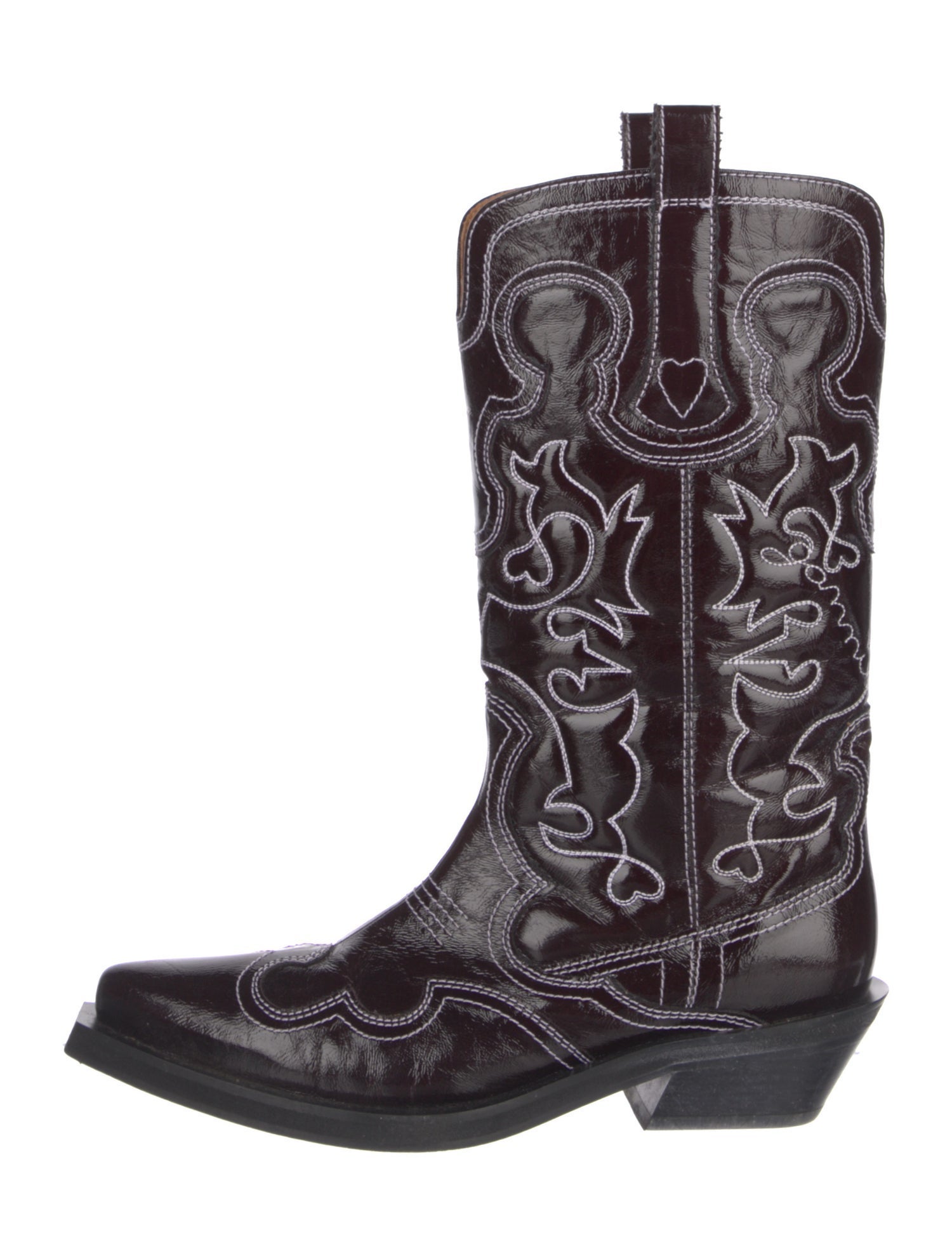 Ganni Leather Embroidered Accent Western Boots