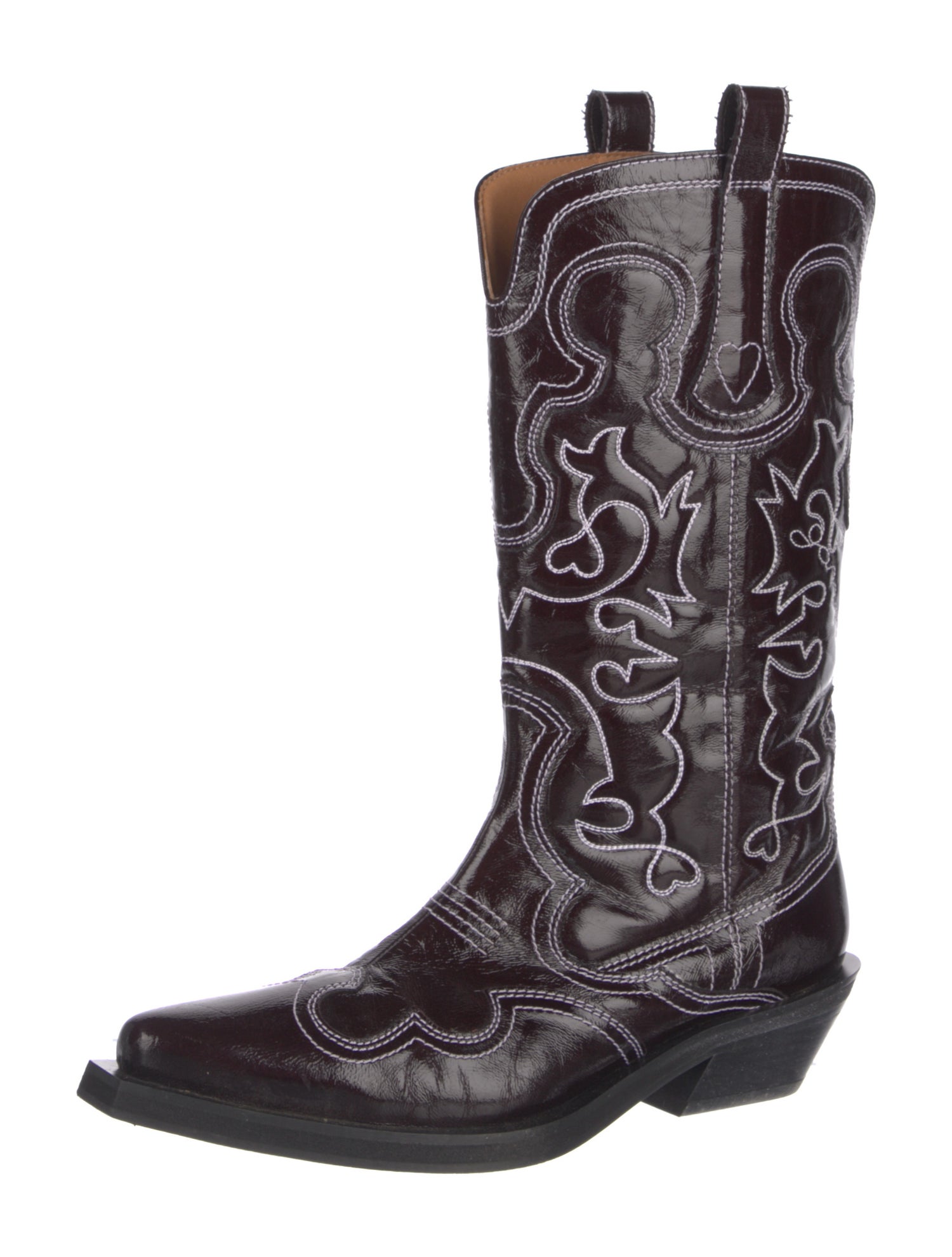Ganni Leather Embroidered Accent Western Boots