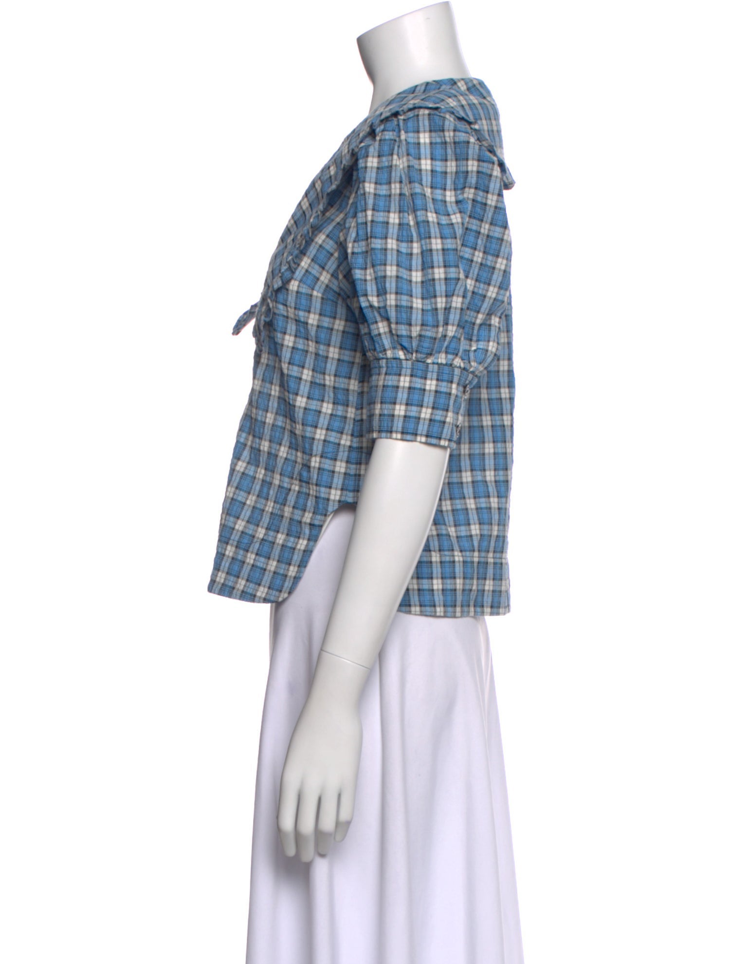 Ganni Plaid Print Three-Quarter Sleeve Blouse