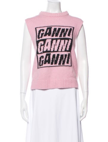 Pre-owned Ganni Graphic Print Mock Neck Sweater In White