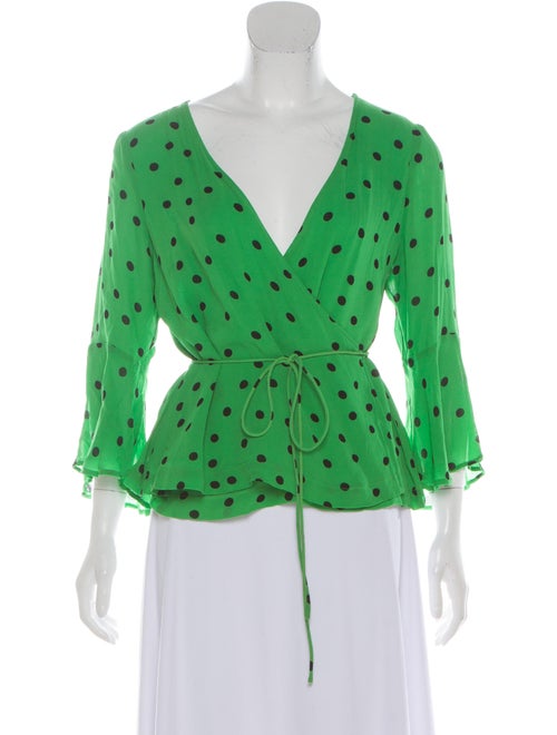 Ganni Polka Dot Print Plunge Neckline Blouse Green