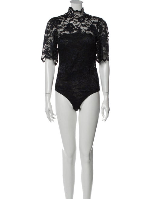 Ganni Lace Pattern Mock Neck Bodysuit Black