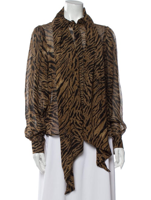 Ganni Animal Print Tie Neck Blouse Brown