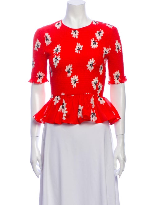 Ganni Floral Print Crew Neck Top Red