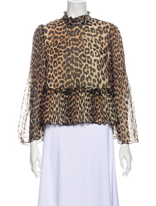 Ganni Animal Print Mock Neck Blouse Brown