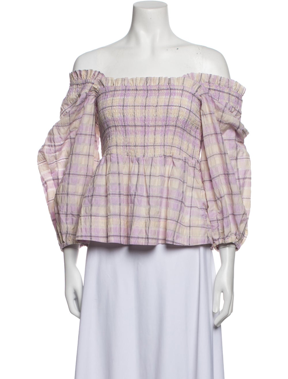 Ganni Plaid Print Off-The-Shoulder Crop Top w/ Ta… - image 1