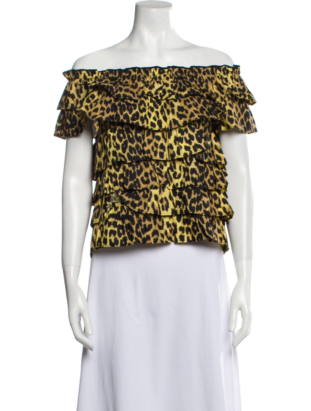 Ganni Animal Print Off-The-Shoulder Crop Top w/ T… - image 1