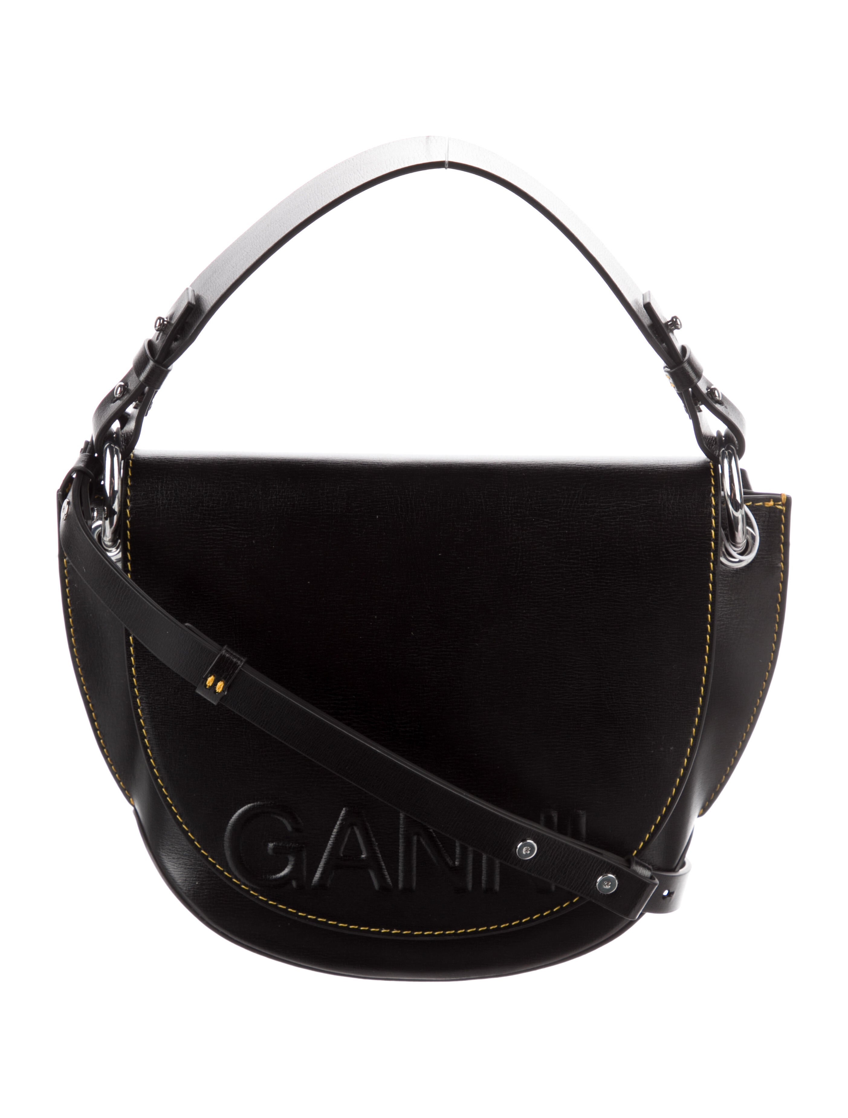 Ganni Banner Saddle Yellow Stitch Crossbody Bag - Black