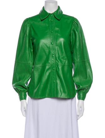 Ganni Lamb Leather Long Sleeve Button-Up Top