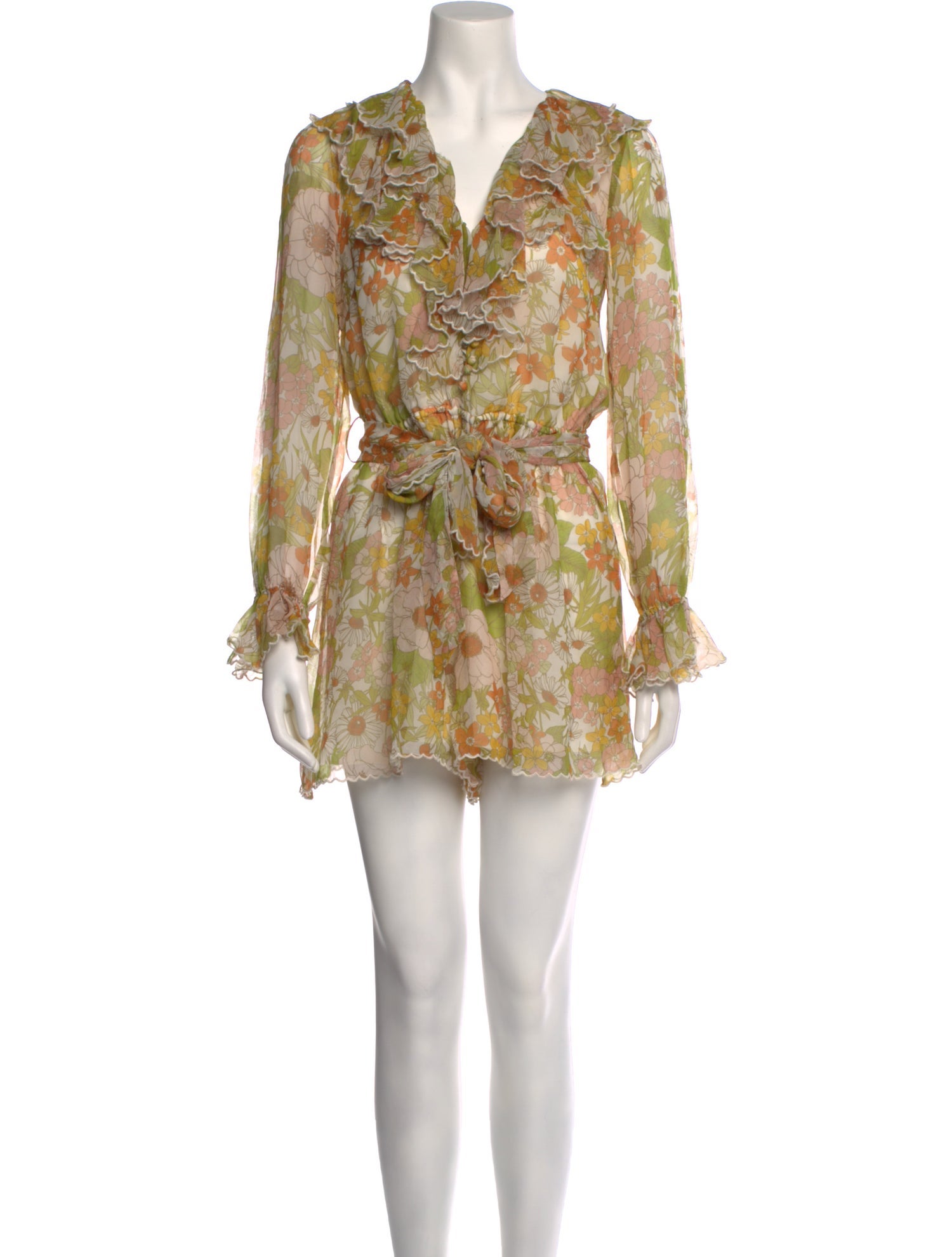 Zimmermann Silk Floral Print Romper Green, 14.25" Rise Jumpsuits and