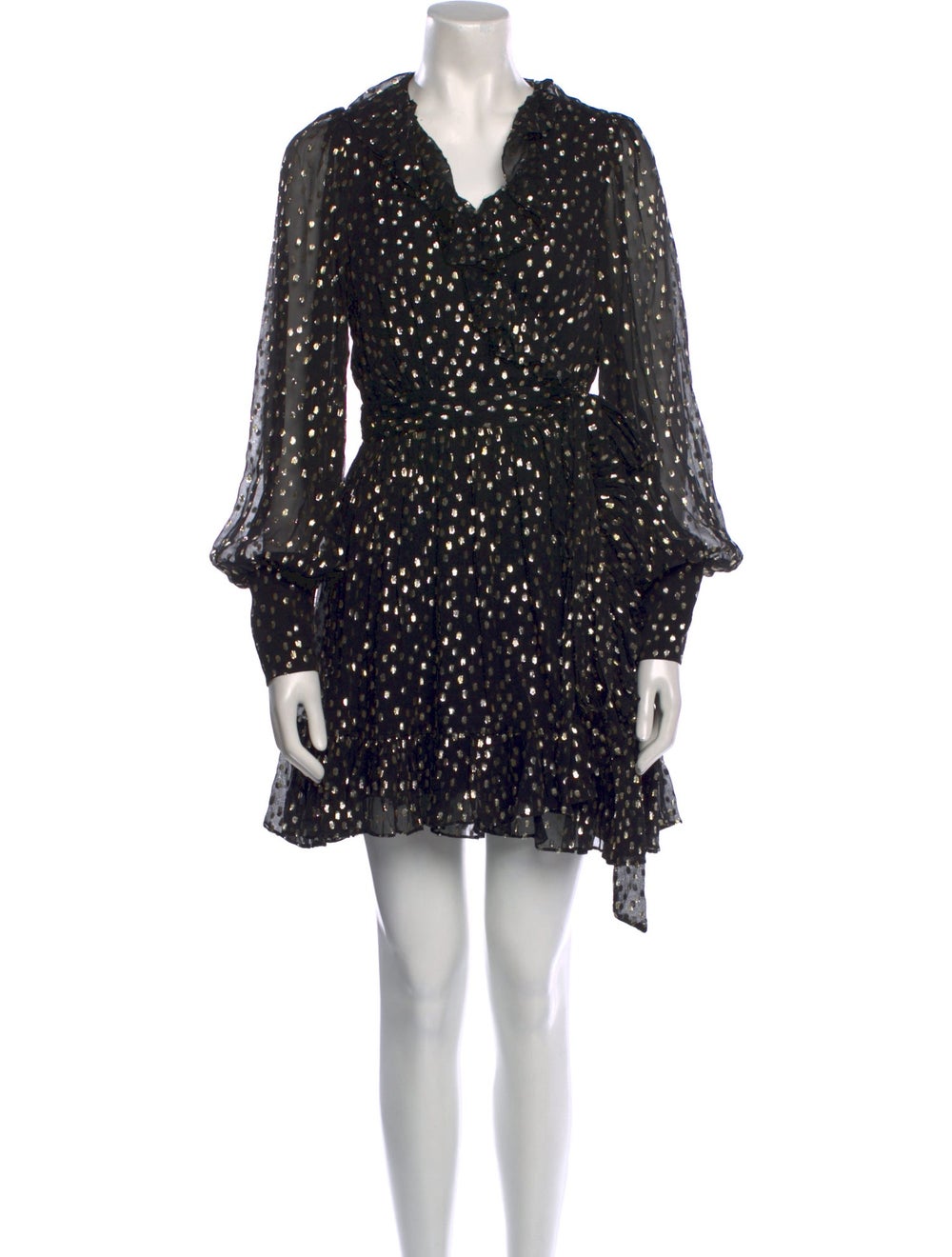 Zimmermann Silk A-Line Dress Black, Gold & Metallic Polka Dot Print Ruffle Embellishment Long Sleeve with Cowl Neck Sash-Tie Closure at Front Designer size 2.