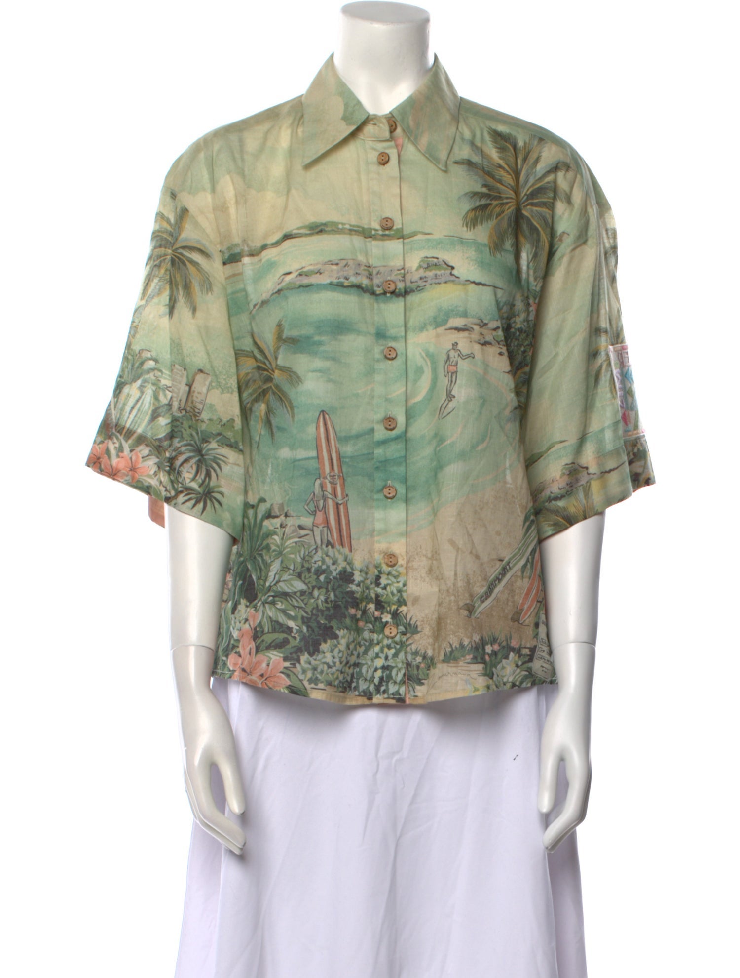 Zimmermann Printed Three-Quarter Sleeve Button-Up Top
