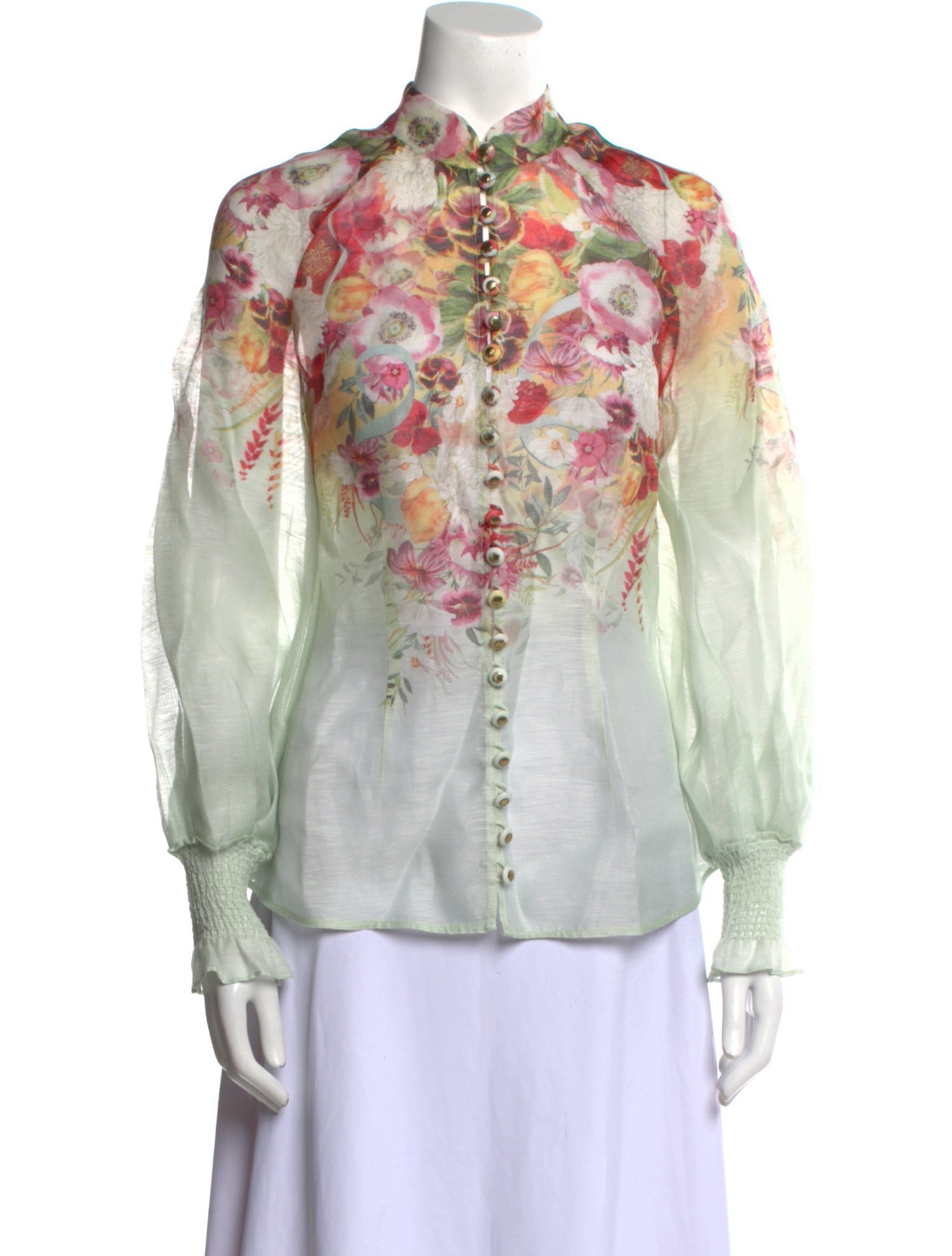 Zimmermann Floral Print Mock Neck Button-Up Top