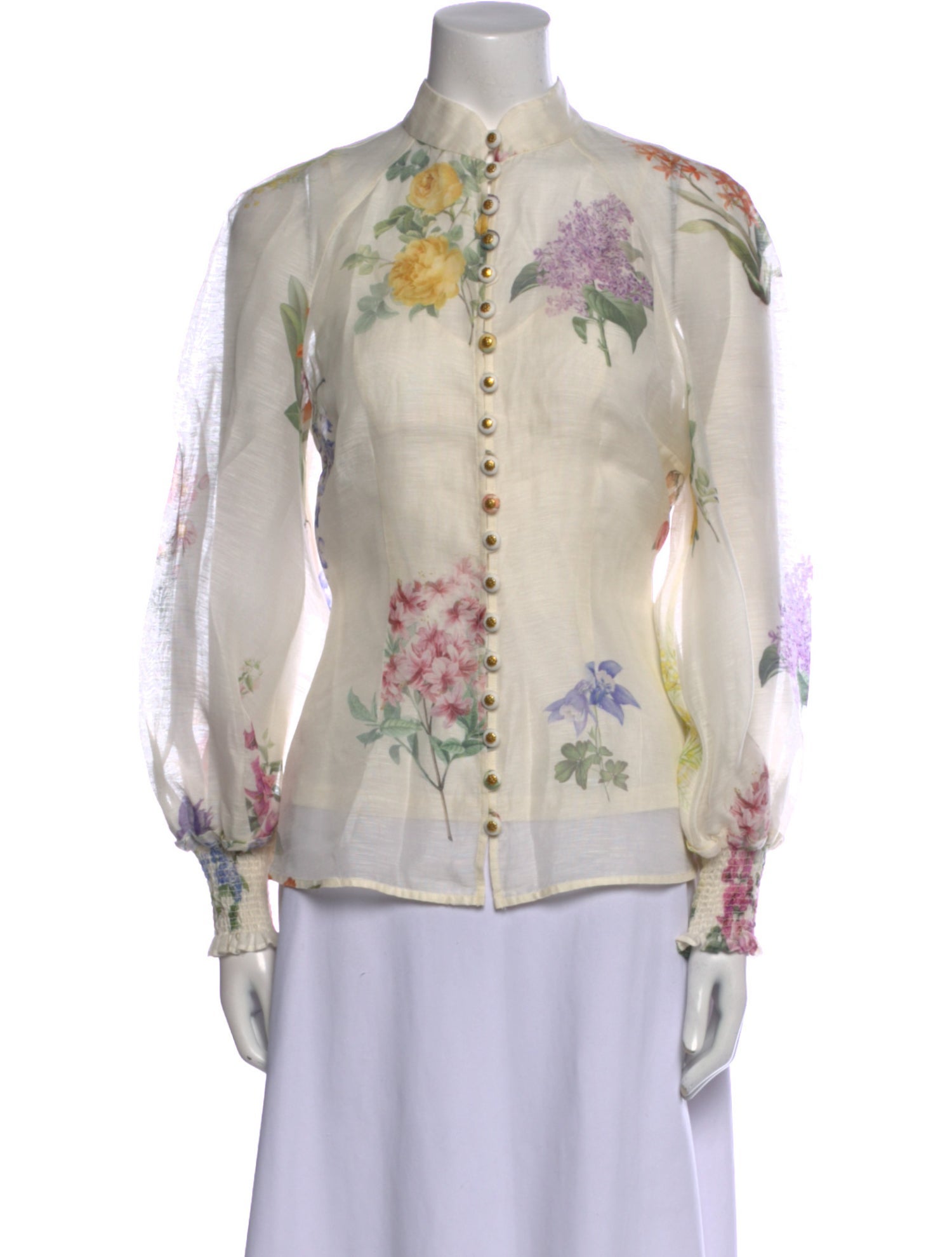Zimmermann Floral Print Mock Neck Button-Up Top