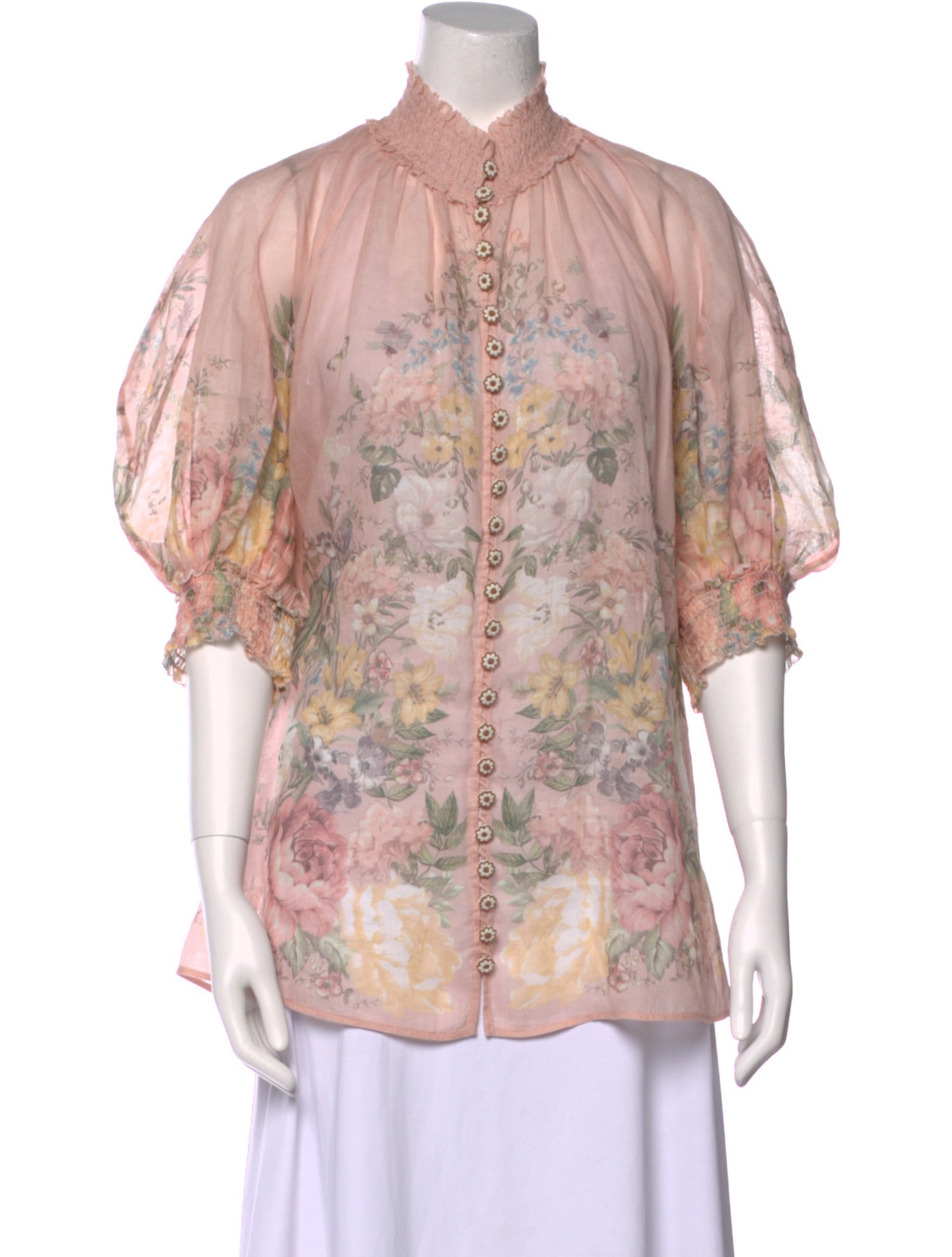 Zimmermann Floral Print Mock Neck Button-Up Top