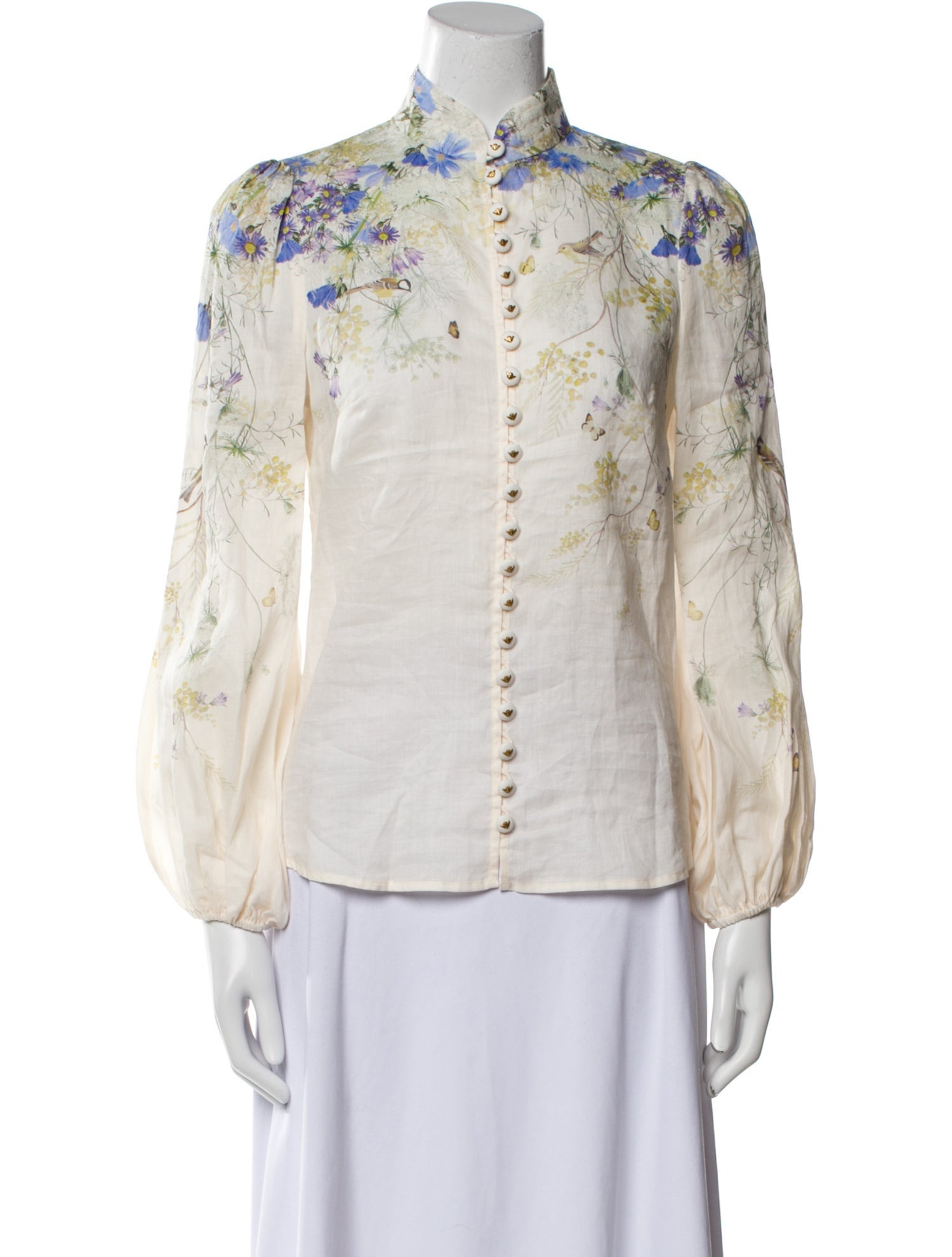 Zimmermann Floral Print Mock Neck Button-Up Top