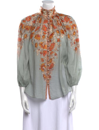 Zimmermann Floral Print Mock Neck Button-Up Top