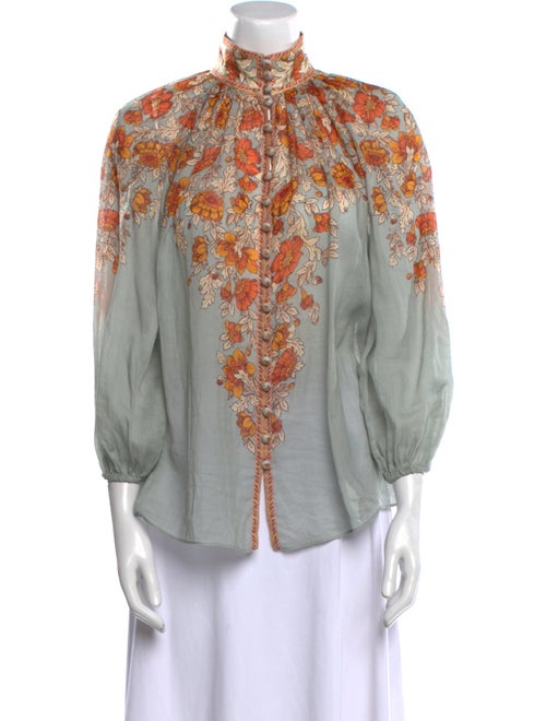 Zimmermann Floral Print Mock Neck Button-Up Top