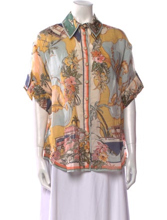 Zimmermann Floral Print Short Sleeve Button-Up Top