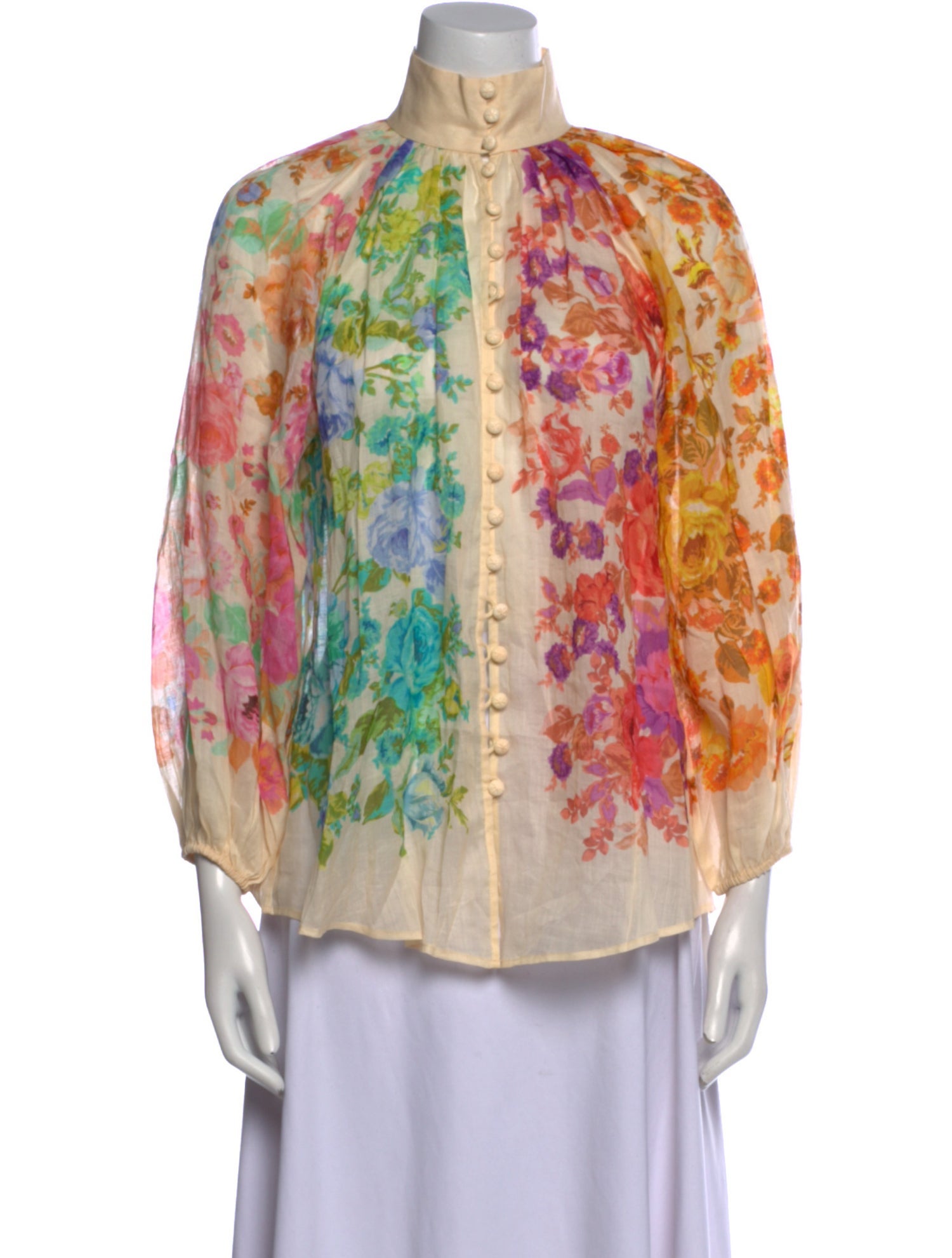 Zimmermann Floral Print Mock Neck Button-Up Top
