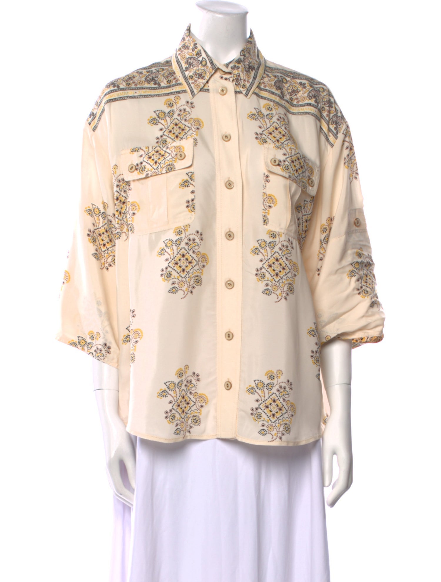 Zimmermann Printed Three-Quarter Sleeve Button-Up Top