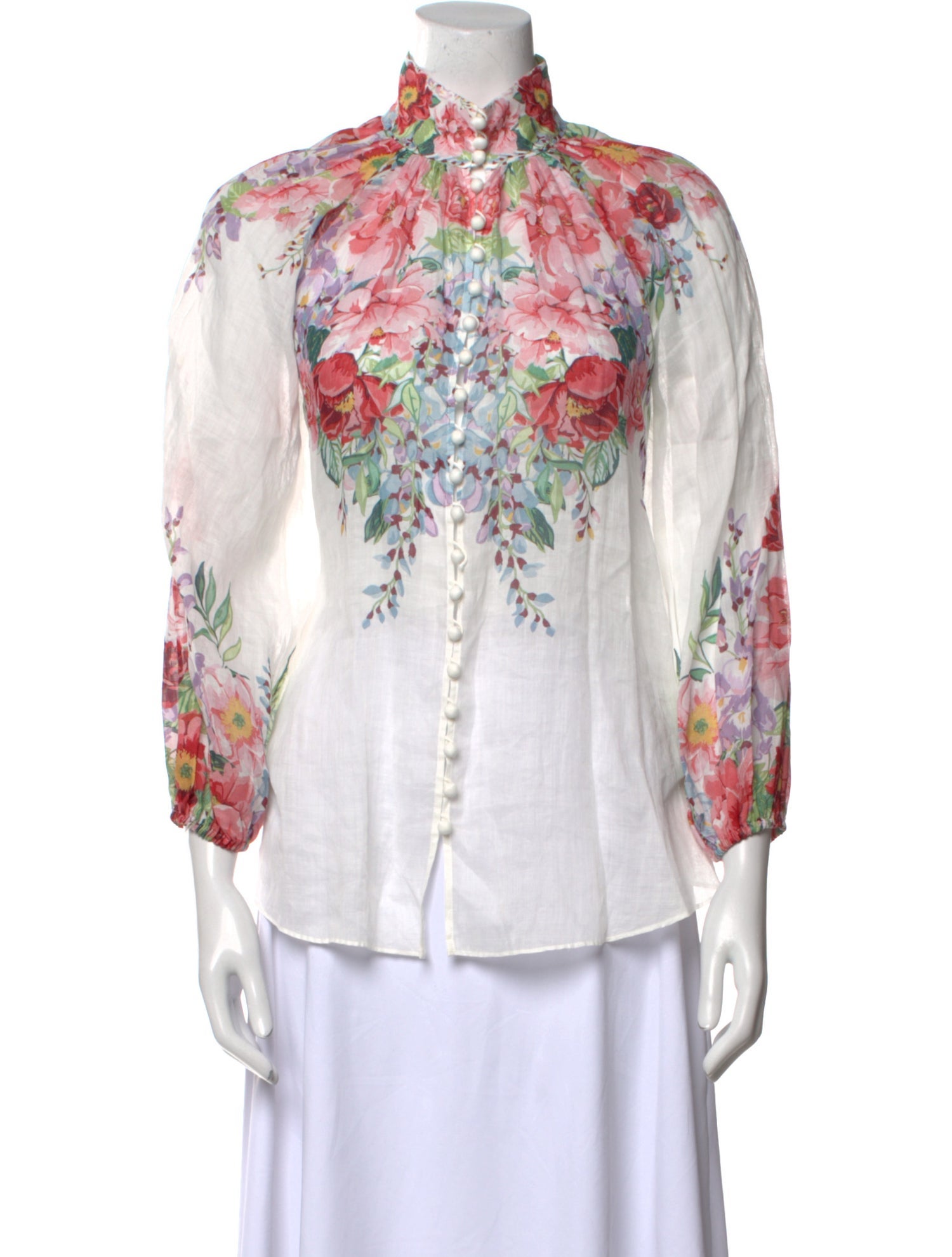 Zimmermann Floral Print Mock Neck Button-Up Top