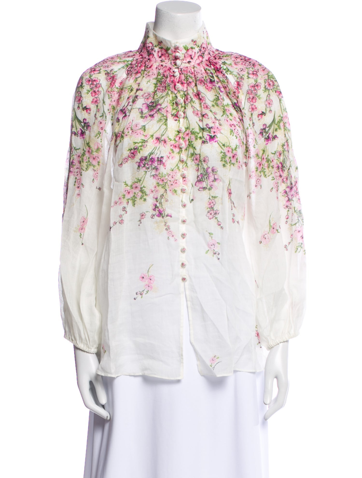 Zimmermann Floral Print Mock Neck Button-Up Top