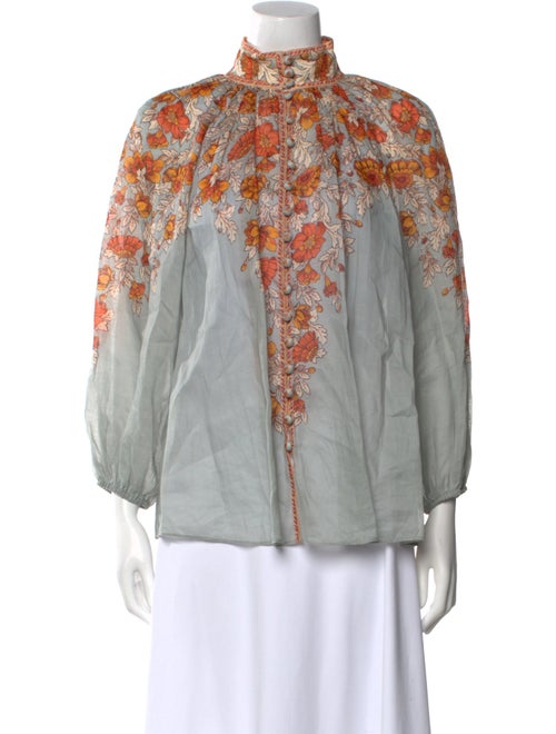 Zimmermann Floral Print Mock Neck Button-Up Top
