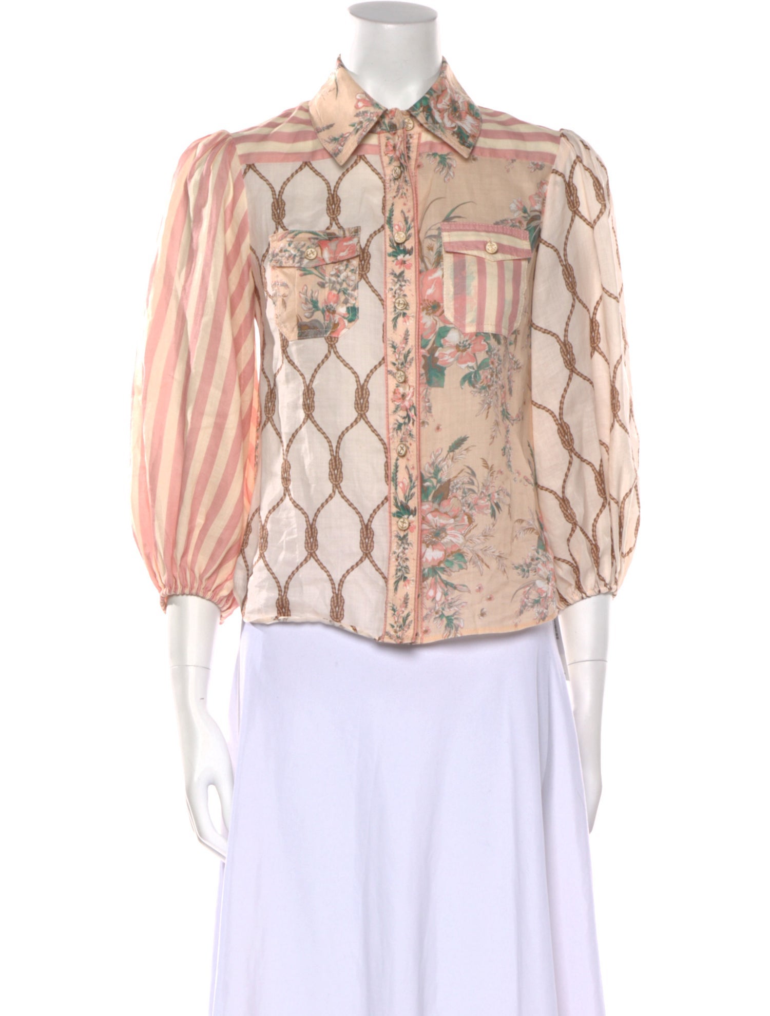 Zimmermann Printed Three-Quarter Sleeve Button-Up Top