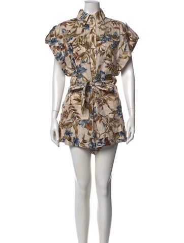 Pre-owned Zimmermann Linen Floral Print Romper In Neutrals