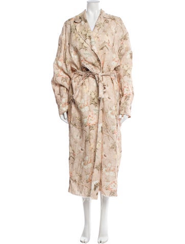 Pre-owned Zimmermann Linen Floral Print Faux Fur Coat In Brown