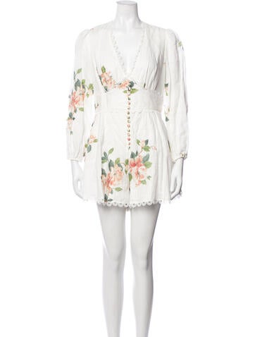 Pre-owned Zimmermann Linen Floral Print Romper In White