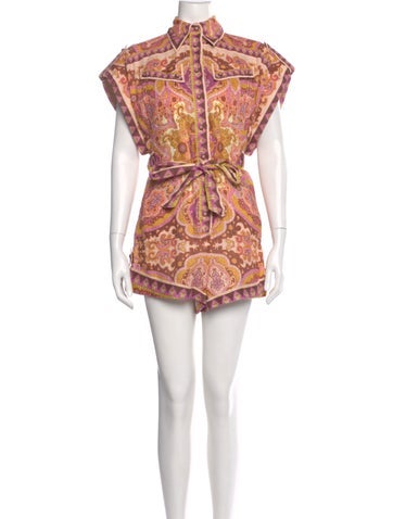 Pre-owned Zimmermann Linen Paisley Print Romper In Orange