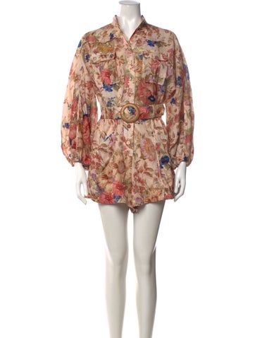 Pre-owned Zimmermann Linen Floral Print Romper In Neutrals