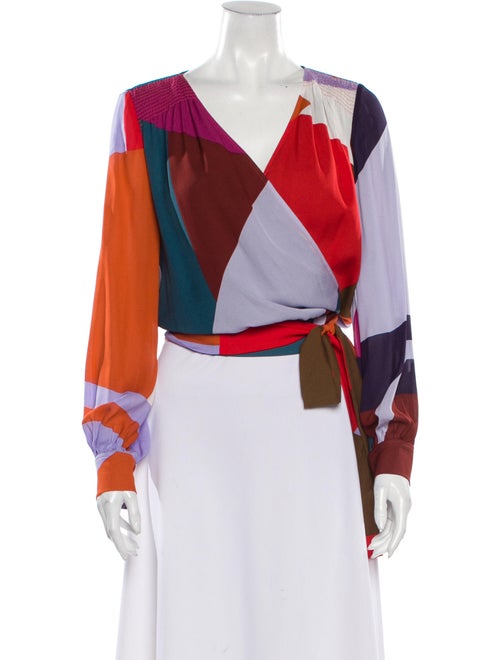 Tanya Taylor Silk Colorblock Pattern Blouse Orange