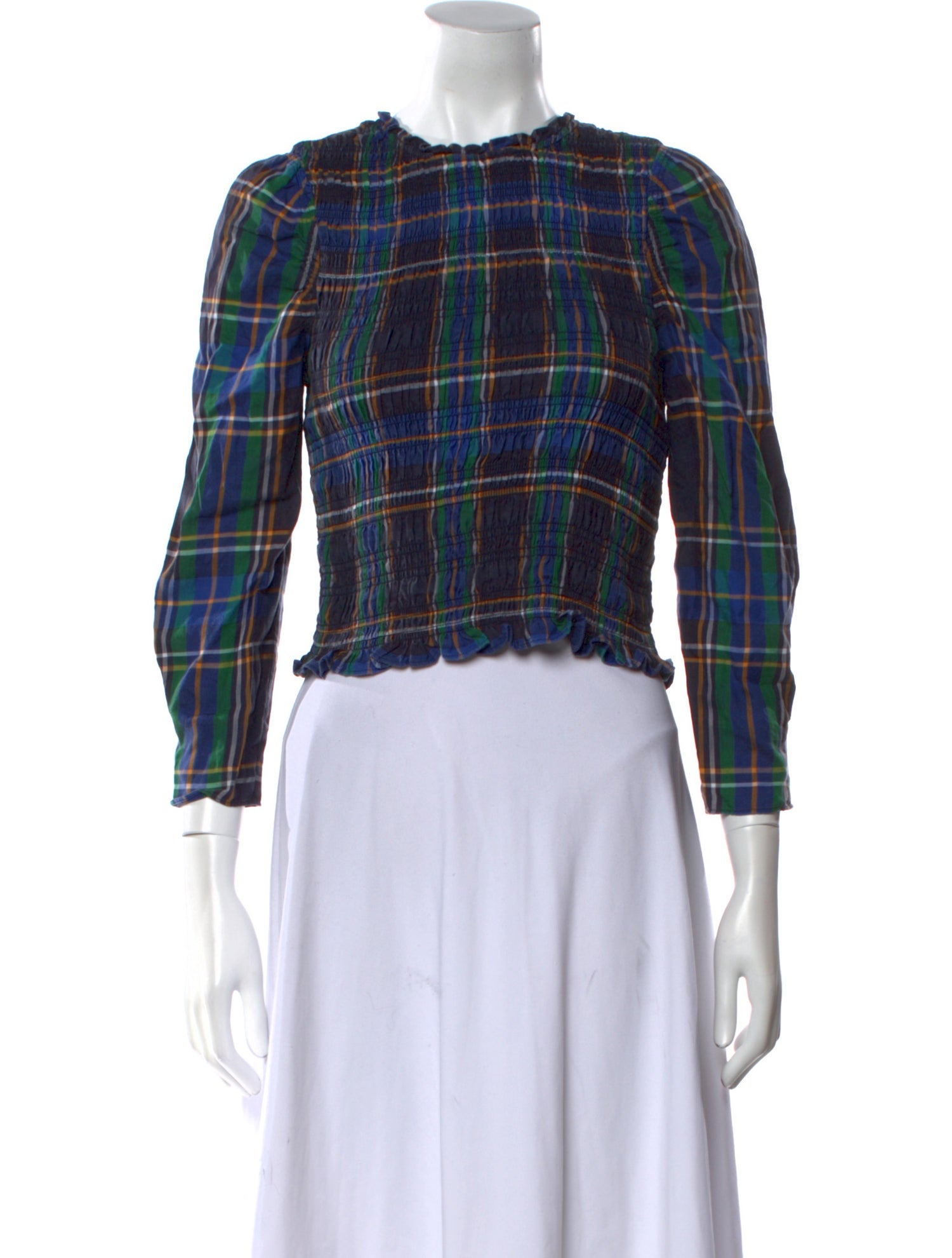 Tanya Taylor Plaid Print Crew Neck Crop Top