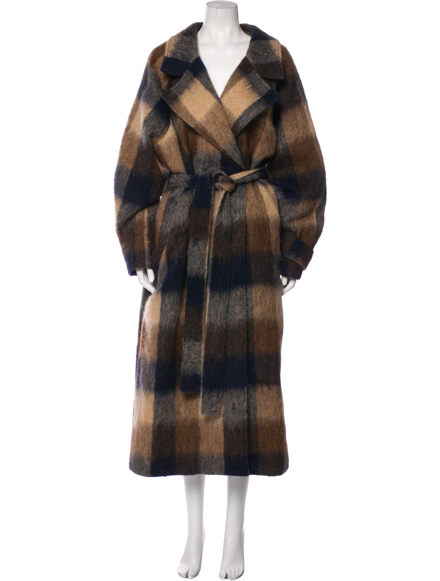 Tanya Taylor Wool Plaid Print Faux Fur Coat