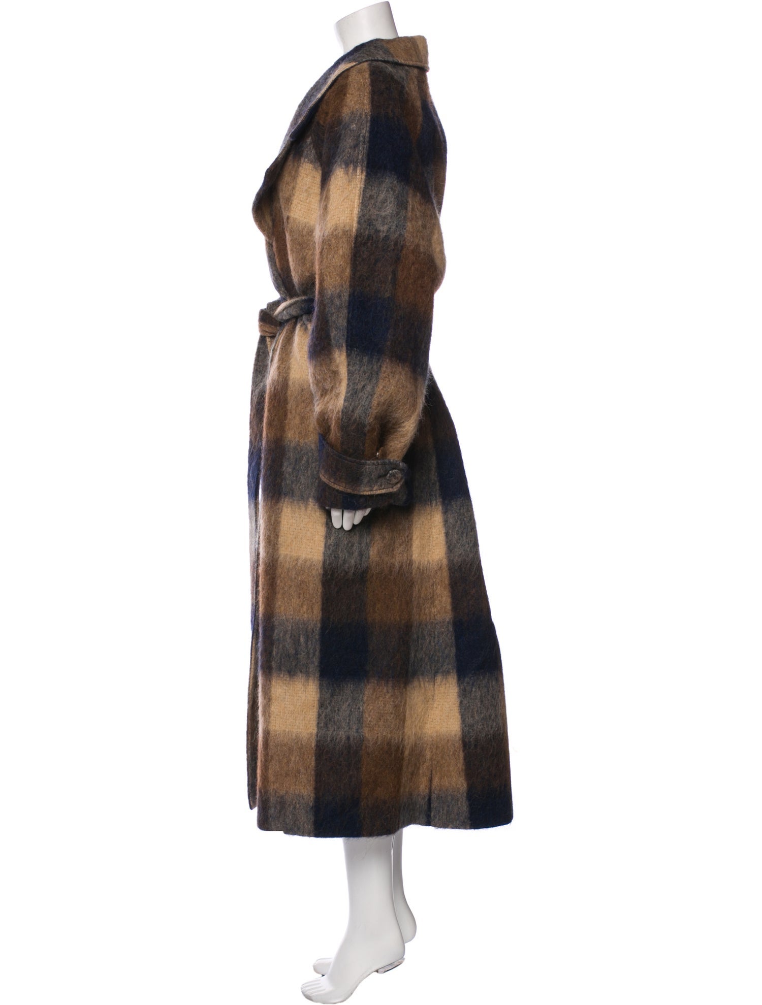 Tanya Taylor Wool Plaid Print Faux Fur Coat
