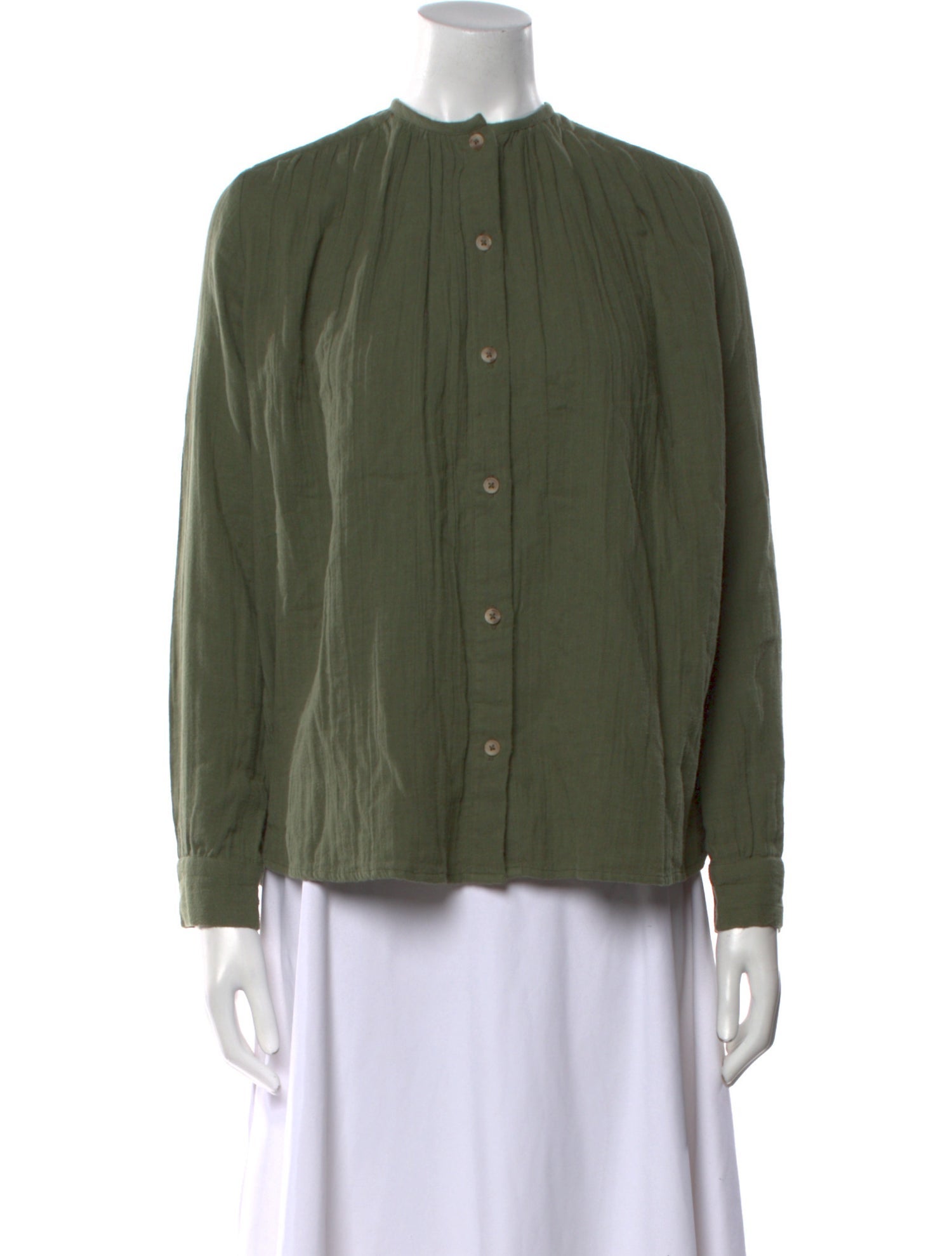 MILLE Mock Neck Long Sleeve Button-Up Top