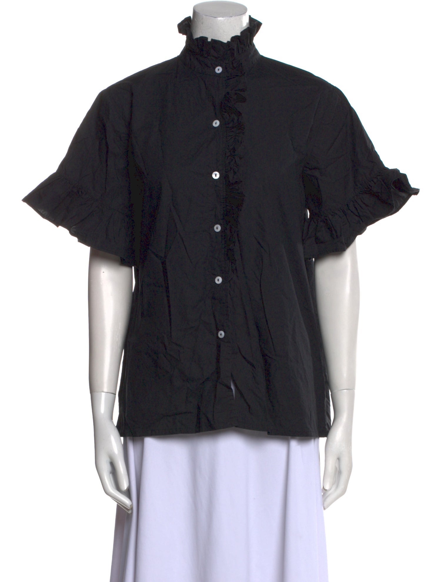 MILLE Mock Neck Short Sleeve Button-Up Top