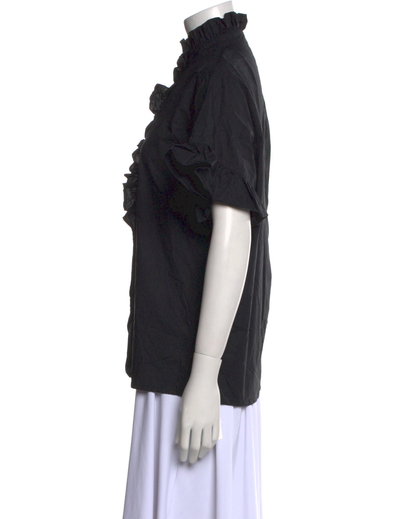 MILLE Mock Neck Short Sleeve Button-Up Top