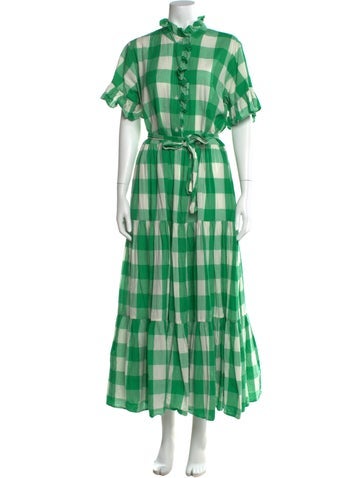Pre-owned Mille Plaid Print Long Dress In Green