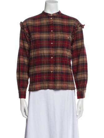 SOMETHING NAVY Plaid Print Mock Neck Button-Up Top