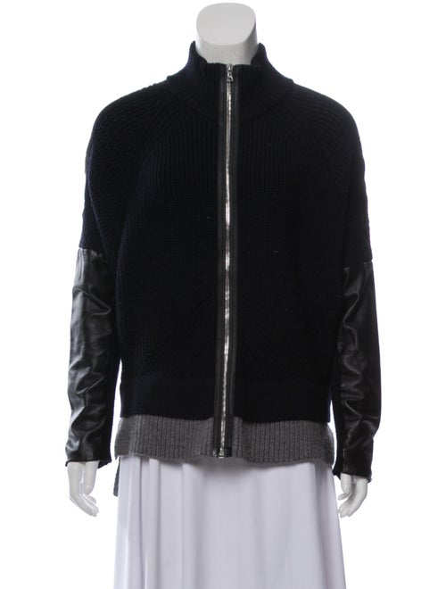 Yigal Azrouël Leather-Trimmed Wool Cardigan Navy