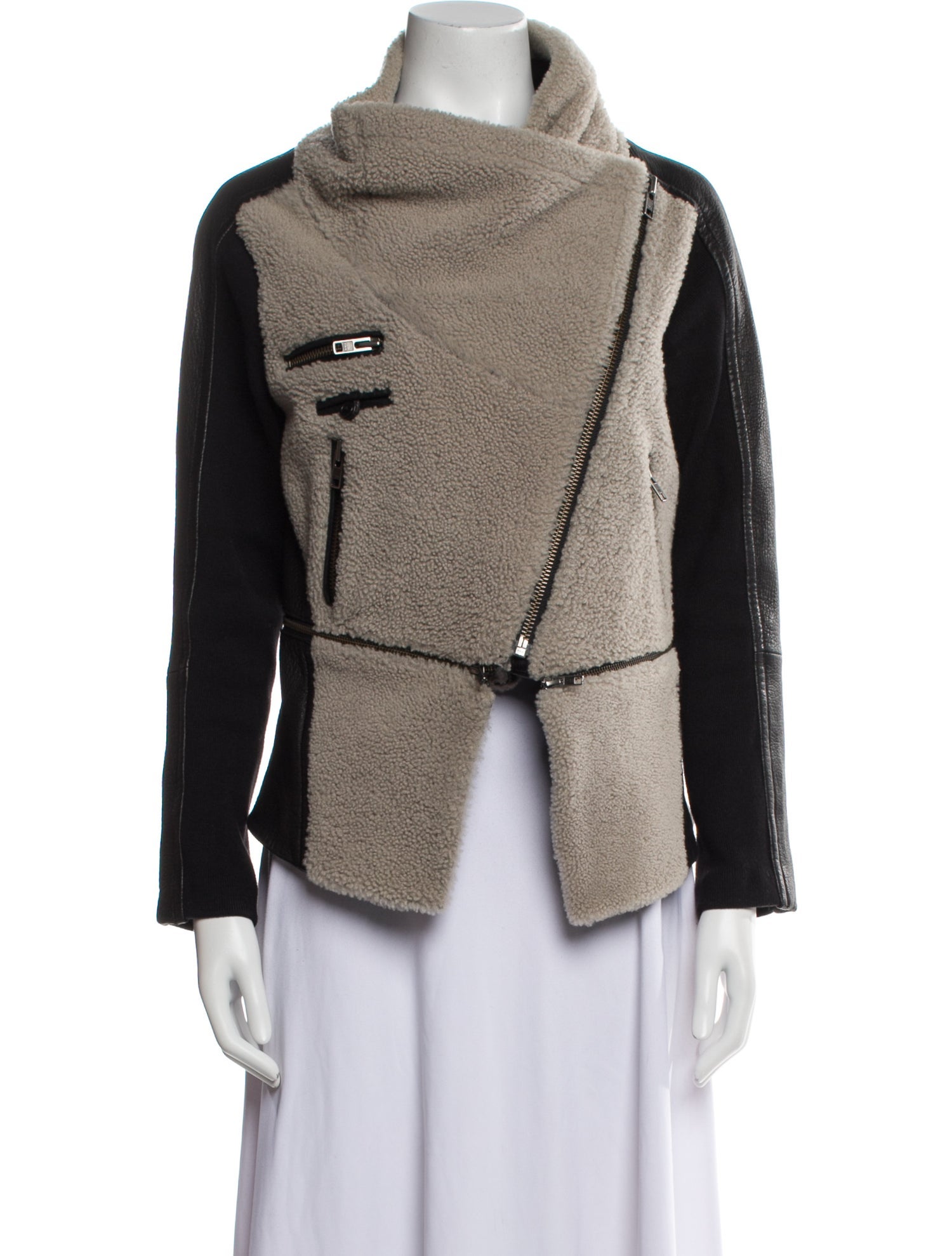 Yigal Azrouël Lamb Leather Colorblock Pattern Faux Fur Jacket