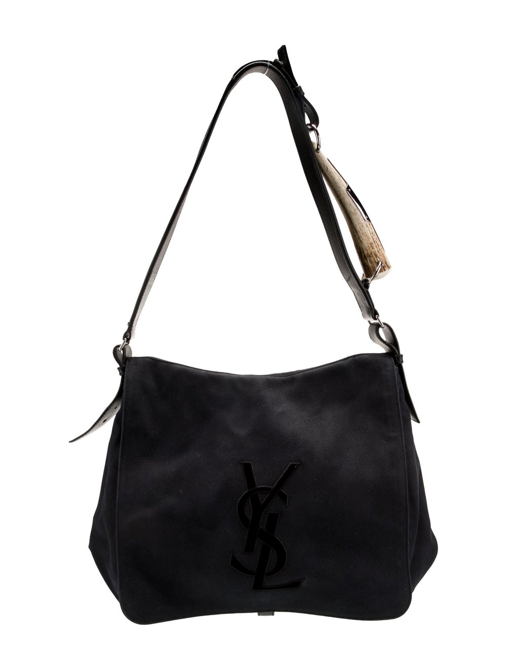 Yves Saint Laurent Rive Gauche Messenger Bag Blue Canvas Silver-Tone Hardware Leather Trim Embellishment & Dual Exterior Pockets Canvas Lining & Single Interior Pocket Snap Closure at Front