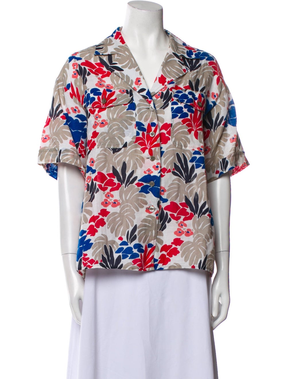 Yves Saint Laurent Rive Gauche Button-Up Top Pink & White Printed Short Sleeve with Collar