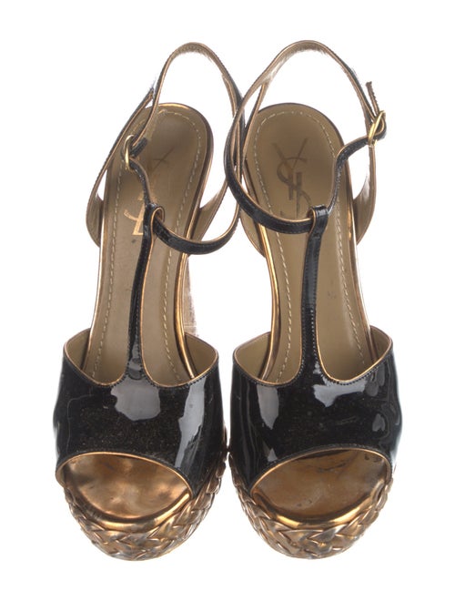 Yves Saint Laurent Rive Gauche Vegan Patent Leather Braided Accents T-Strap Sandals